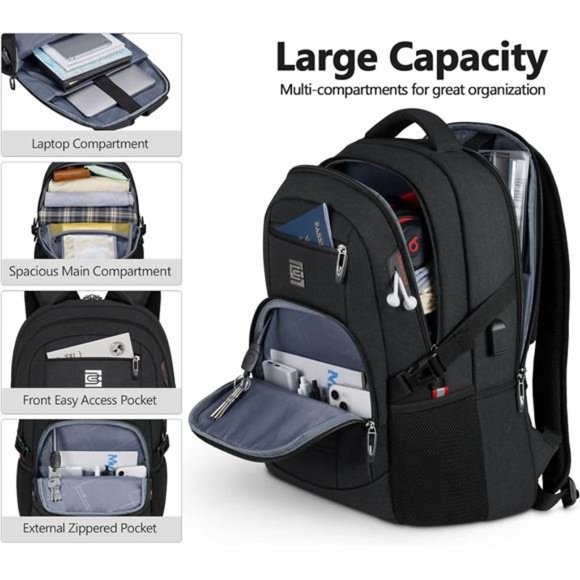 Travel Laptop Backpack, Business Water Resistant Laptop Backpack with USB Port - Picture 4 of 7
